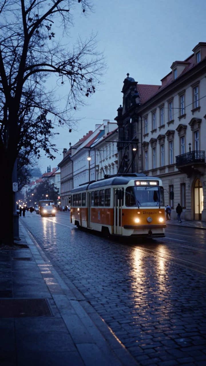 Pre-dawn Prague Street Scene with Tramcar and Historic Architecture in in Prague, Czech Republic