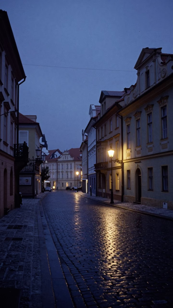 Pre-dawn Prague street scene with wet cobblestones and vintage car in in Prague, Czech Republic