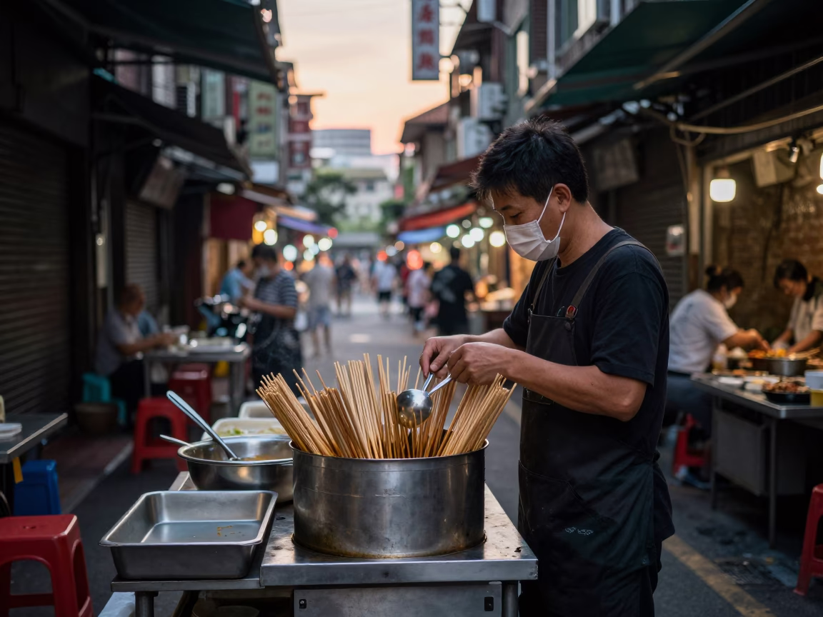 Pre-Dawn Prep in Taipei at The Still Hours Before Dawn Light in in Taipei, Taiwan