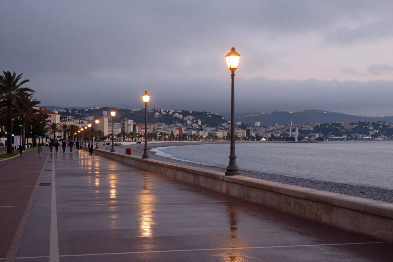 Pre-Dawn Promenade and Harbor View in Nice France Before Sunrise in in Nice, France