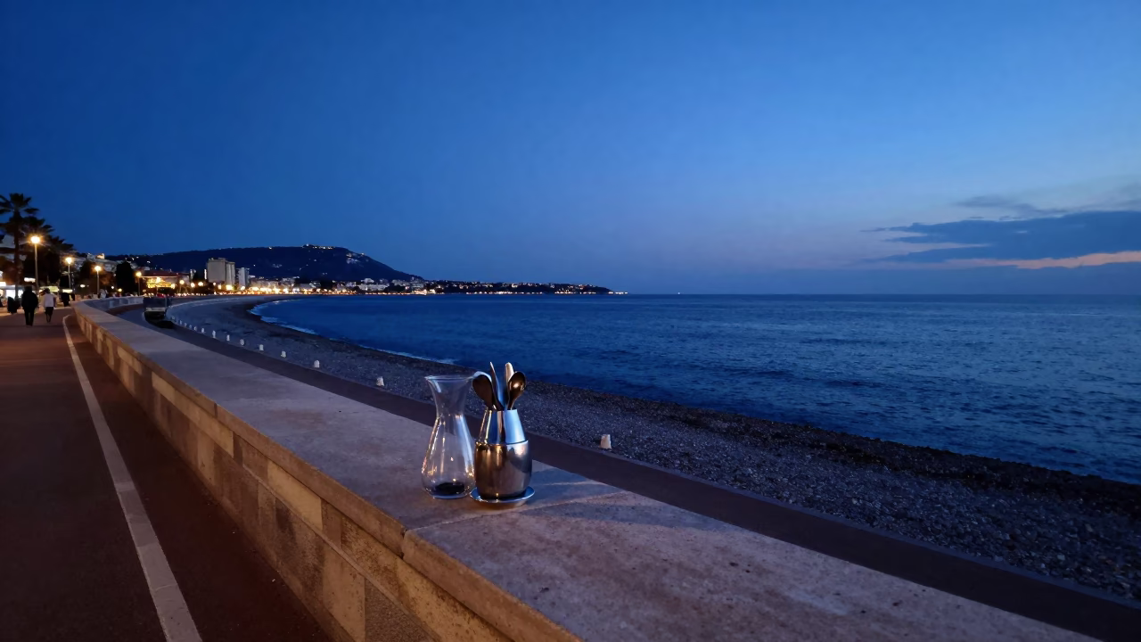 Pre-Dawn Promenade des Anglais with Carafe and Utensil Crock in in Nice, France