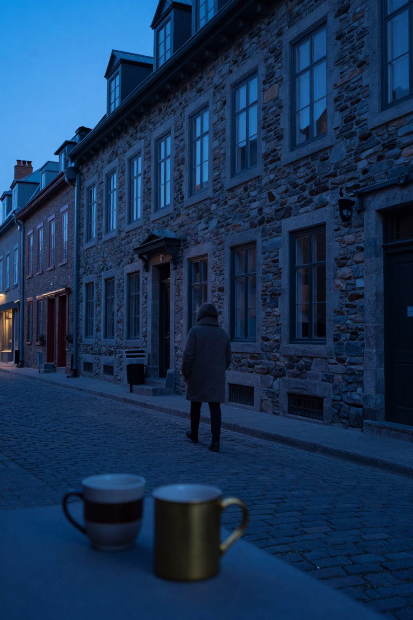 Pre-dawn Quebec City stone streets with ceramic mugs and brass hinge details in in Quebec City, Quebec, Canada
