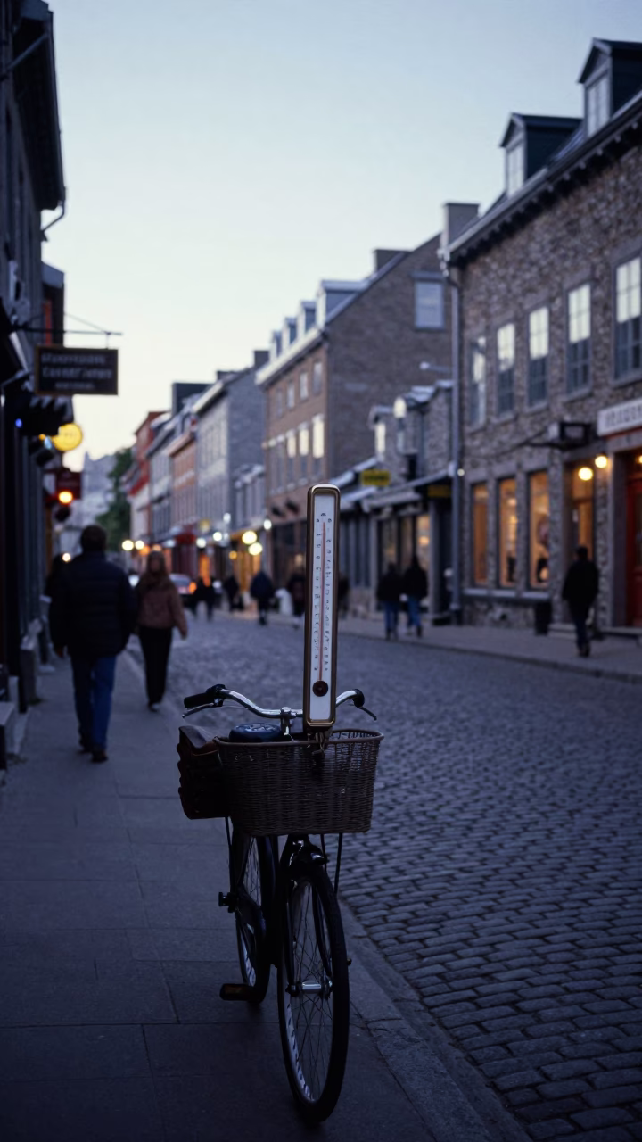 Pre-dawn Quebec City Street Scene with Bicycle Basket and Thermometer in in Quebec City, Quebec, Canada