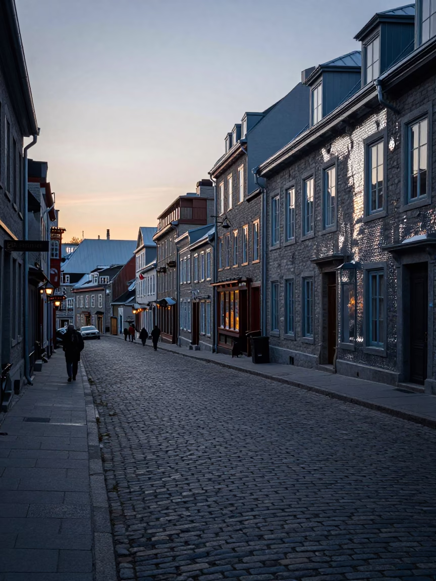 Pre-Dawn Quebec City Street Scene with Hammered Metal and Urban Details in in Quebec City, Quebec, Canada