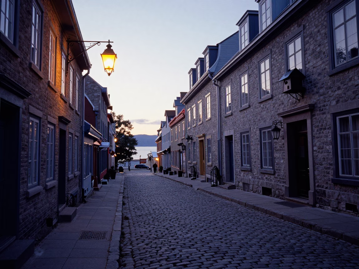 Pre-Dawn Quebec City Street Scene with Lantern and Birdhouse in in Quebec City, Quebec, Canada