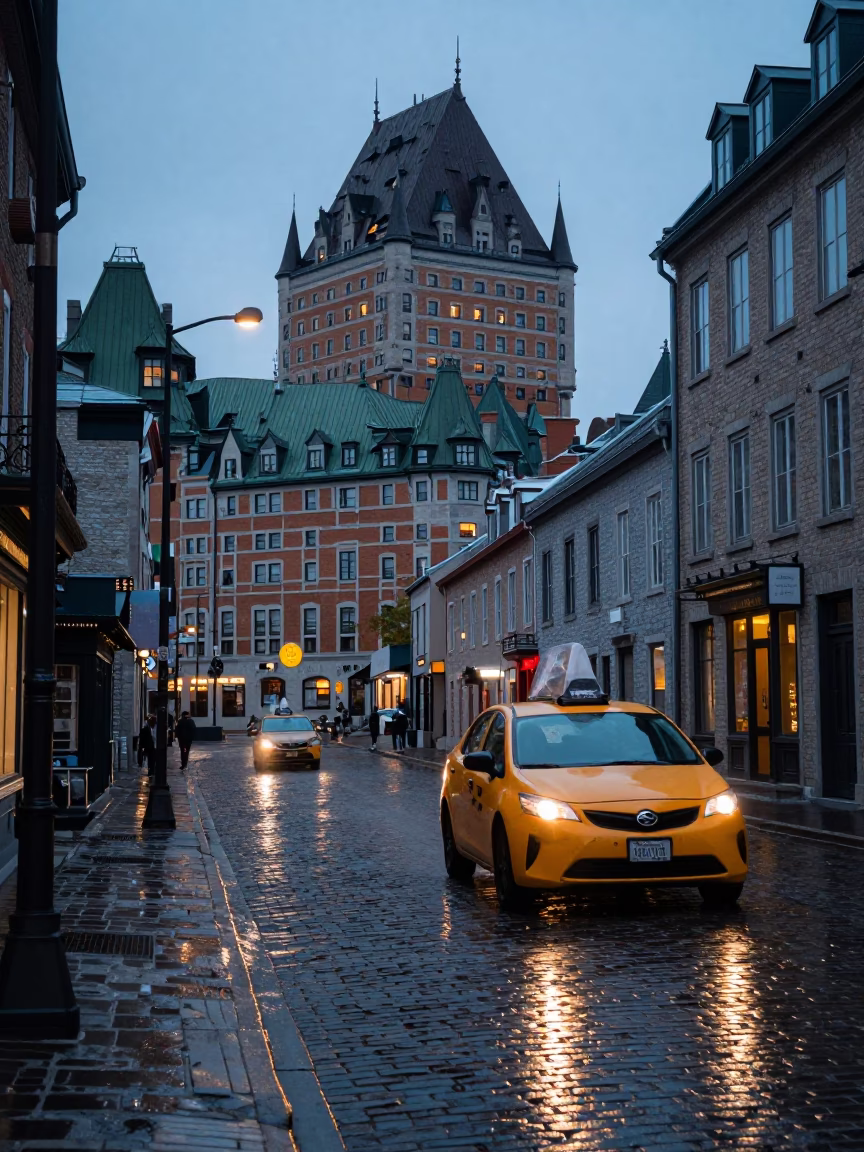 Pre-dawn Quebec City Street Scene with Yellow Taxi and Wet Cobblestones in in Quebec City, Quebec, Canada