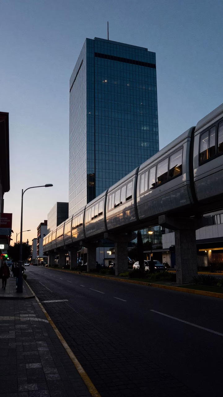 Pre-dawn Quito Ecuador Street Scene with Monorail Reflection and Stone Architecture in in Quito, Ecuador