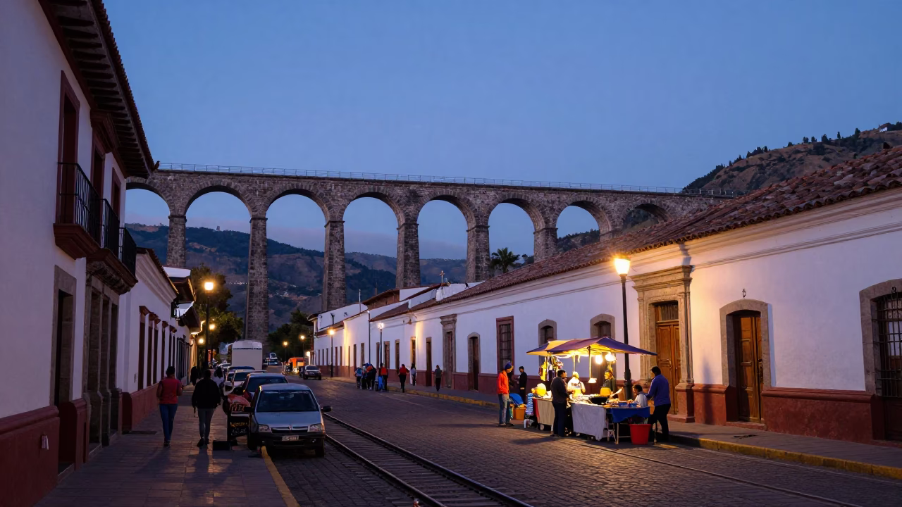 Pre-dawn Quito Ecuador Street Scene with Railway Viaduct and Morning Market Activity in in Quito, Ecuador