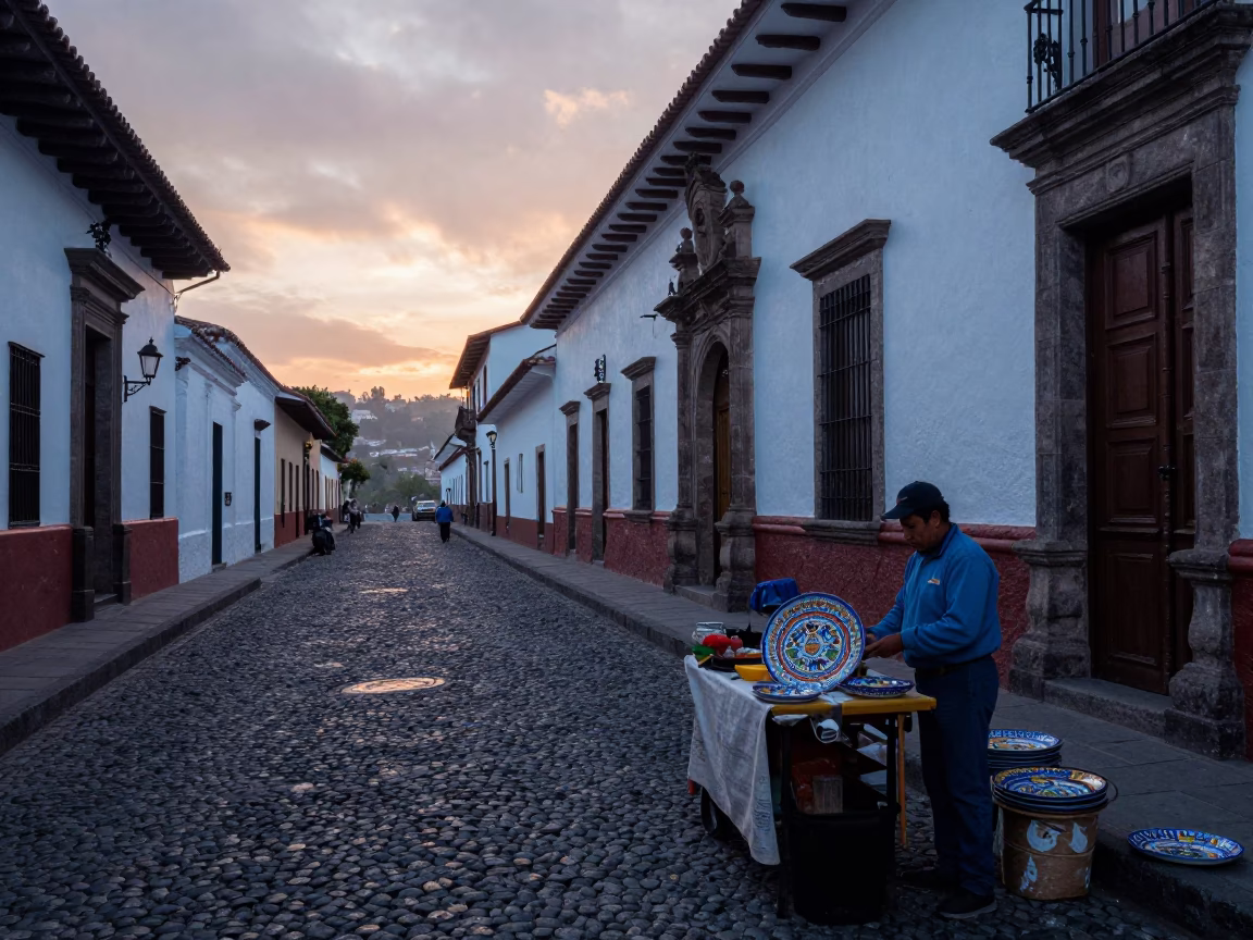 Pre-Dawn Quito Ecuador Street Scene with Vintage Italian Majolica Plate and Scarf in in Quito, Ecuador
