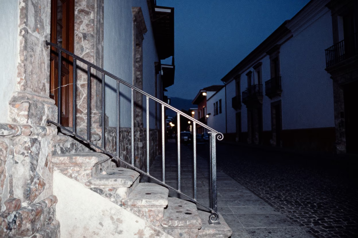 Pre-Dawn Quito Street Scene with Stair Rail and Scratched Tile in Ecuador City in in Quito, Ecuador