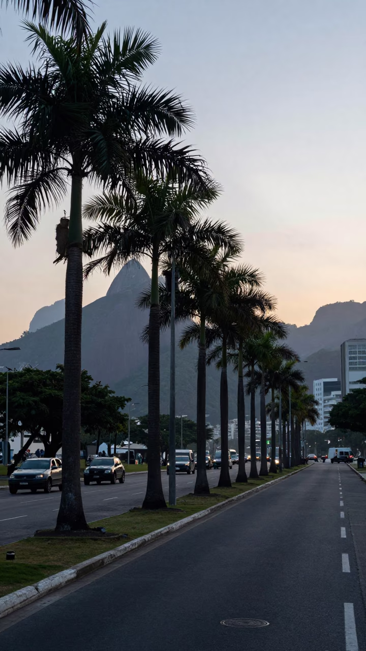 Pre-dawn Rio de Janeiro street scene with palm trees and morning light in in Rio de Janeiro, Brazil