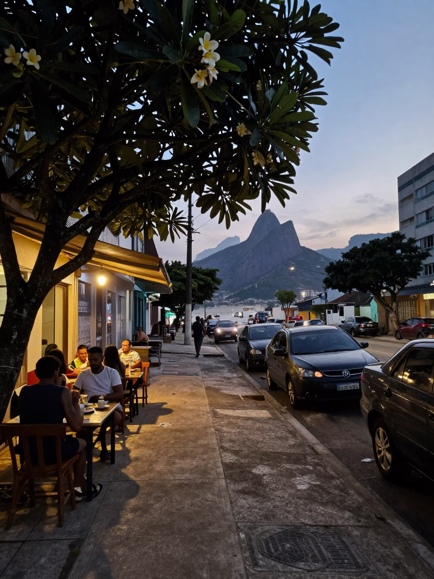 Pre-dawn Rio de Janeiro street scene with plumeria tree and breakfast cart in in Rio de Janeiro, Brazil