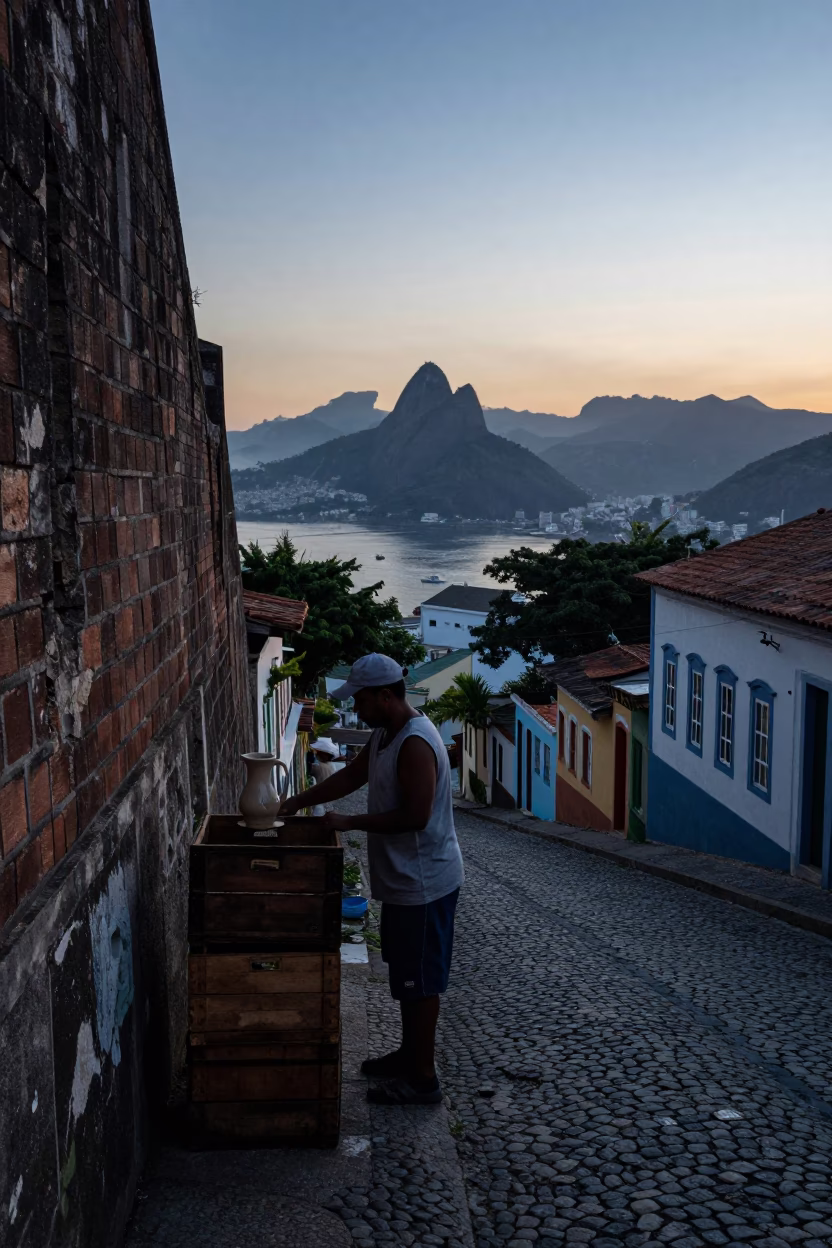 Pre-Dawn Rio Street Scene with Ceramic Pitcher and Lichen Details in in Rio de Janeiro, Brazil