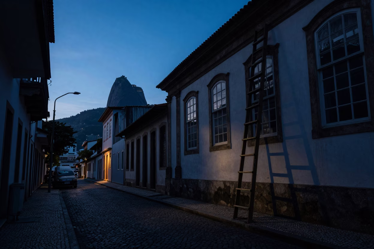 Pre-Dawn Rio Street Scene with Portuguese Ladder and Local Commerce in in Rio de Janeiro, Brazil