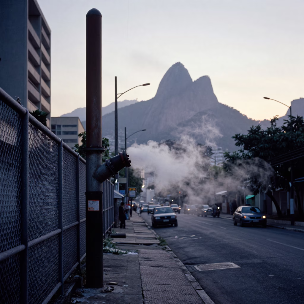 Pre-Dawn Rio Street Scene with Steaming Pipe and Catenary Wires in in Rio de Janeiro, Brazil