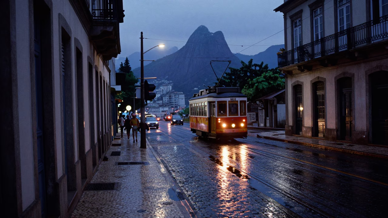 Pre-dawn Rio Street Scene with Tram Reflections on Wet Cobblestones in in Rio de Janeiro, Brazil