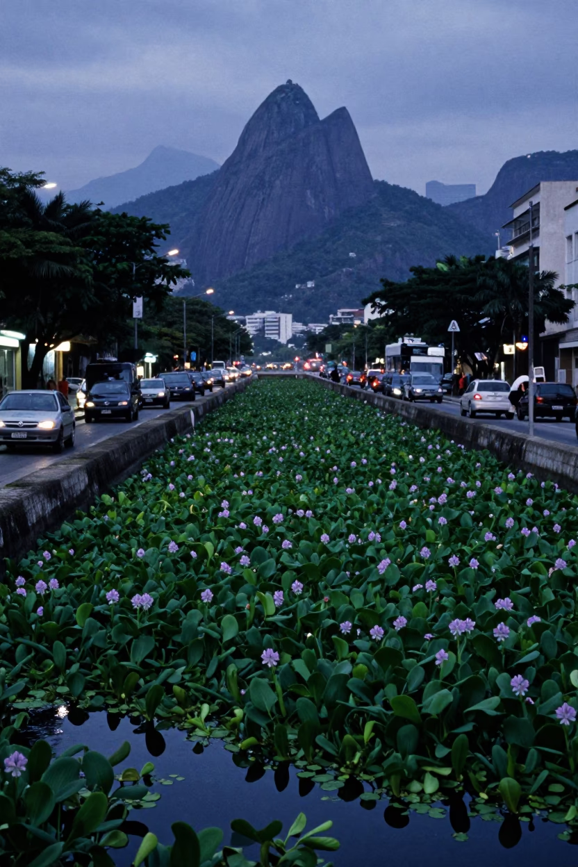 Pre-dawn Rio Street Scene with Water Hyacinth Choking Tropical Waterway and Local Vendor in in Rio de Janeiro, Brazil