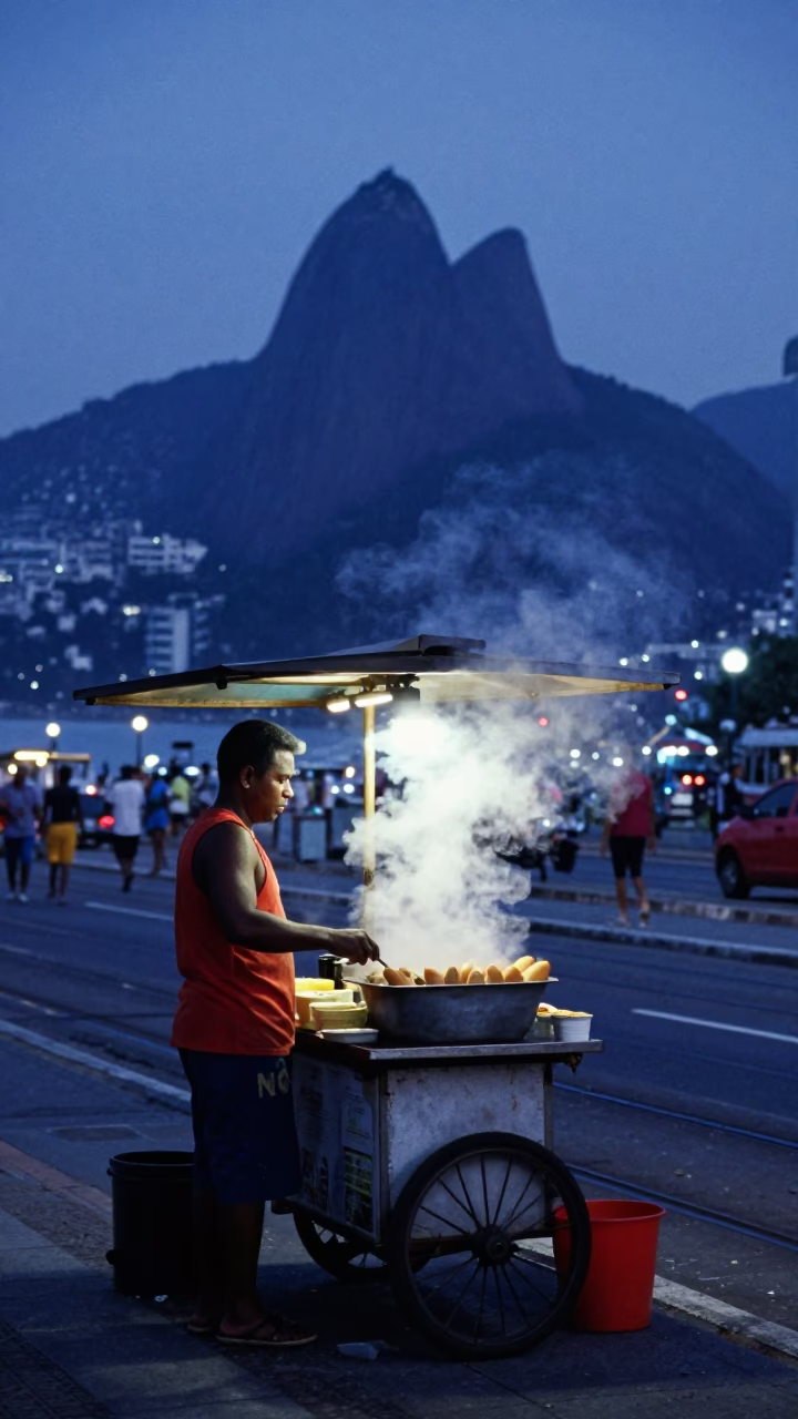Pre-dawn Rio street vendor with elote and steam haze near historic tram tracks in in Rio de Janeiro, Brazil