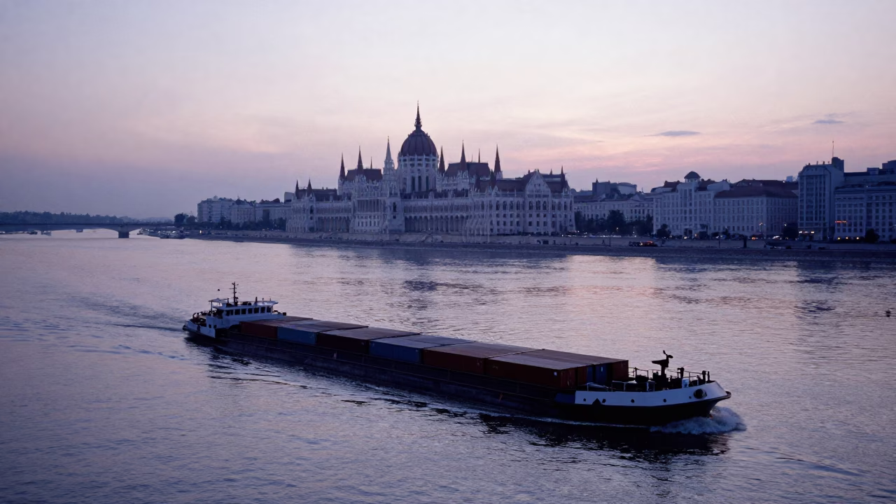 Pre-dawn River Danube Scene with Cargo Barge and Iron Bridge in Budapest Hungary in in Budapest, Hungary