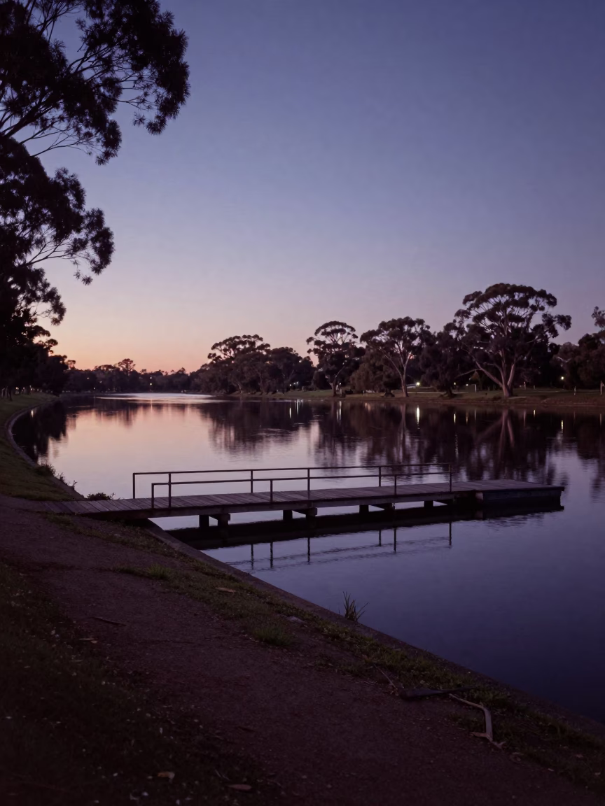 Pre-dawn Riverbank in Adelaide at The Still Hours Before Dawn Light in in Adelaide, South Australia, Australia