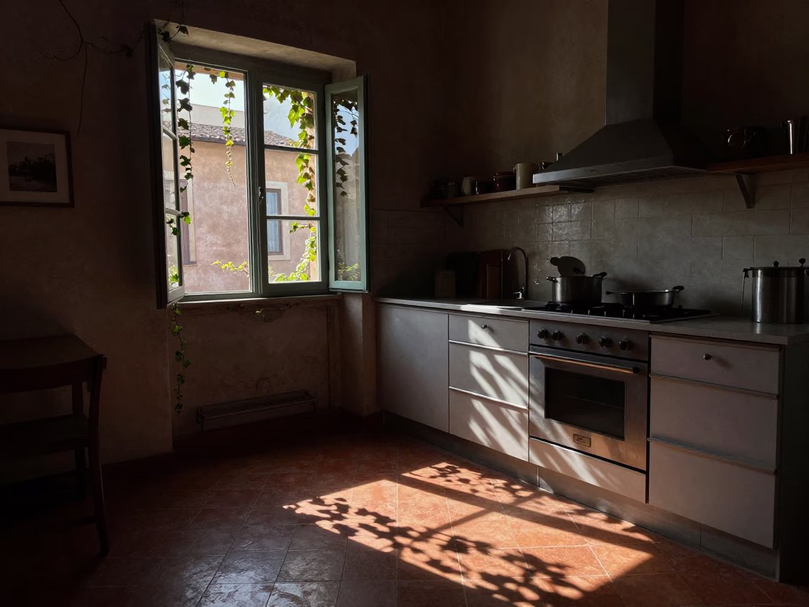 Pre-Dawn Rome Kitchen Scene with Ivy Shadows and Vintage Broom in in Rome, Italy