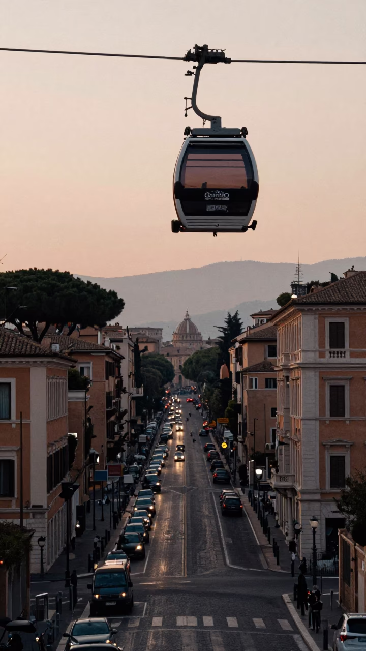 Pre-Dawn Rome Street Scene with Aerial Tramway Gondola Above Morning Fog in in Rome, Italy