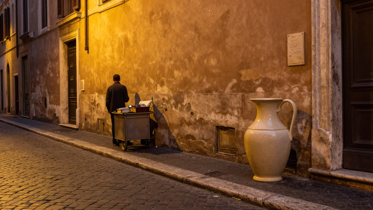 Pre-Dawn Rome Street Scene with Ceramic Pitcher and Wall Sconce Lighting in in Rome, Italy