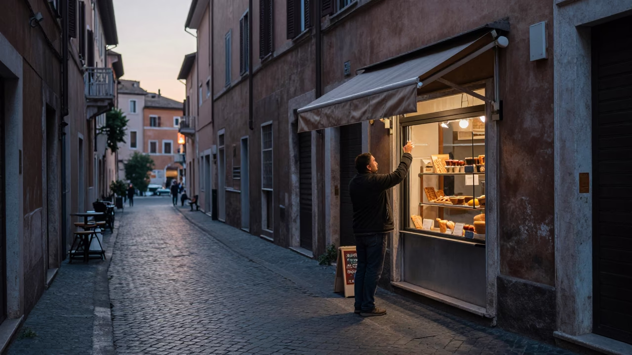 Pre-dawn Rome street scene with cobblestones and morning light in Italy in in Rome, Italy