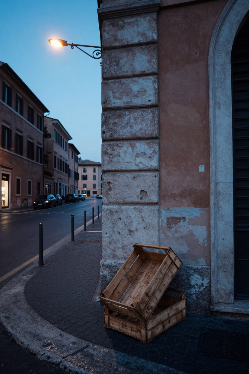 Pre-dawn Rome street scene with empty fruit crate and iron hook in in Rome, Italy
