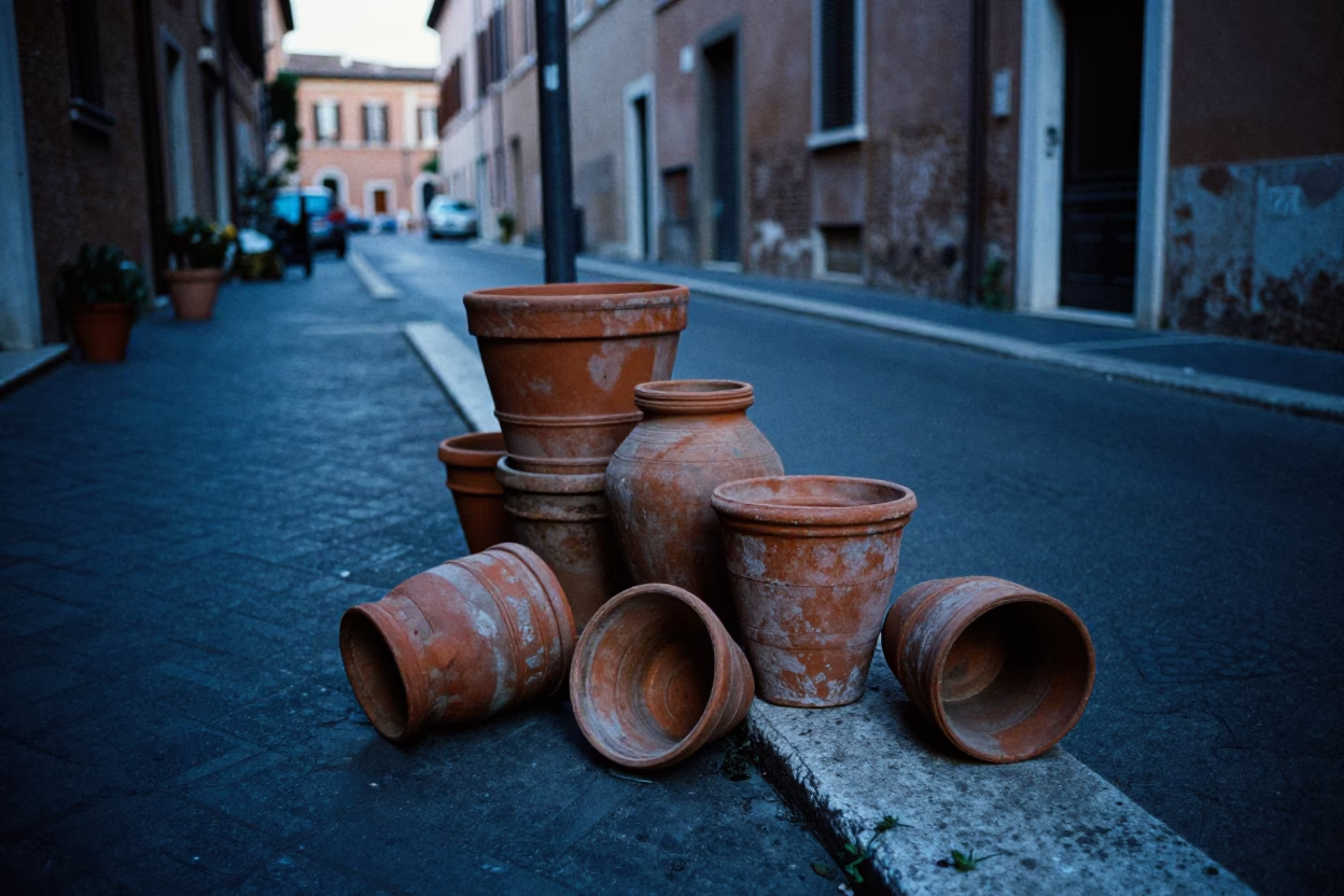Pre-dawn Rome street scene with terracotta pots and fallen petals before sunrise in in Rome, Italy