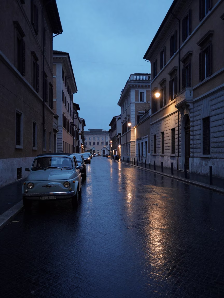 Pre-dawn Rome street scene with vintage car and early morning light in in Rome, Italy