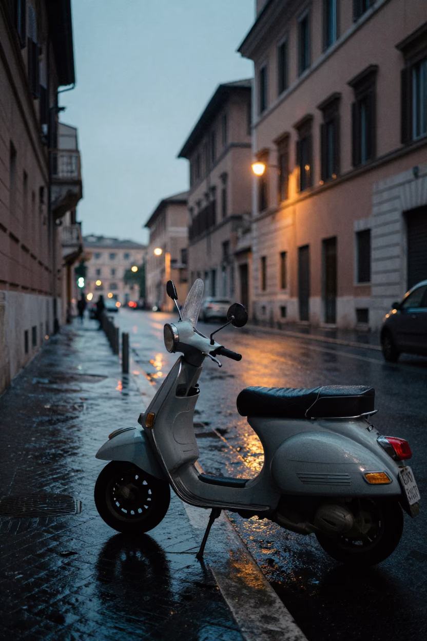 Pre-Dawn Rome Street Scene with Vintage Scooter and Wet Cobblestones in in Rome, Italy