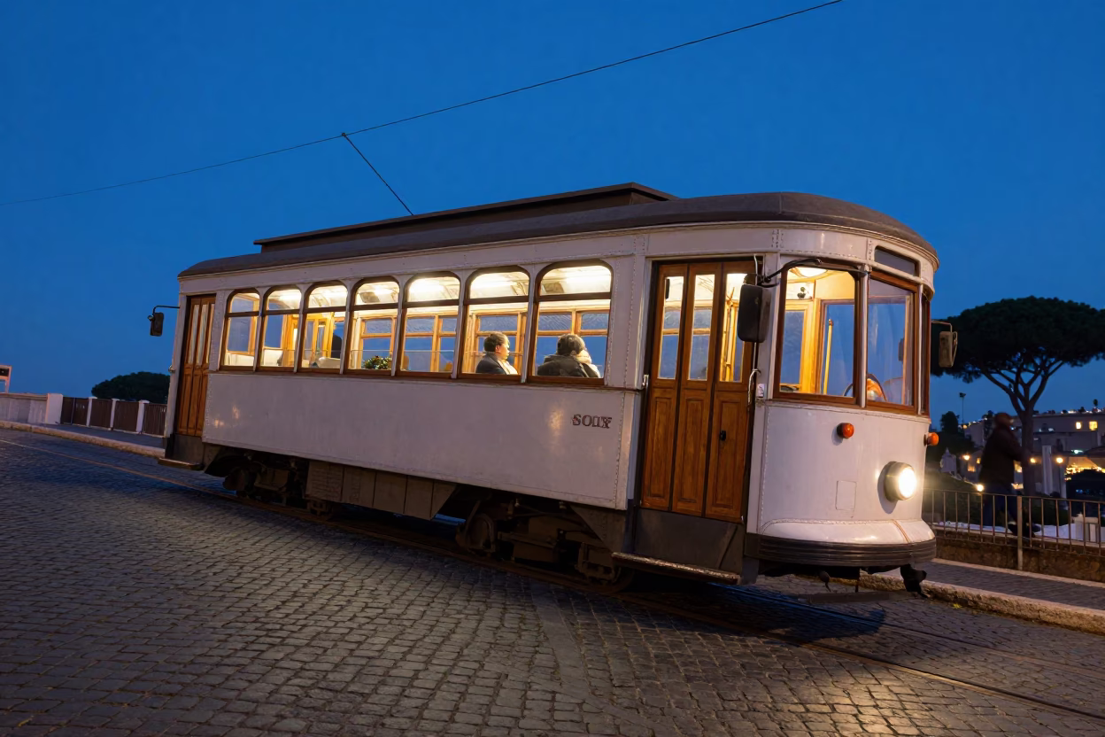 Pre-Dawn Rome Tram Ascent with Sunlight Striking Ceramic Edge in in Rome, Italy