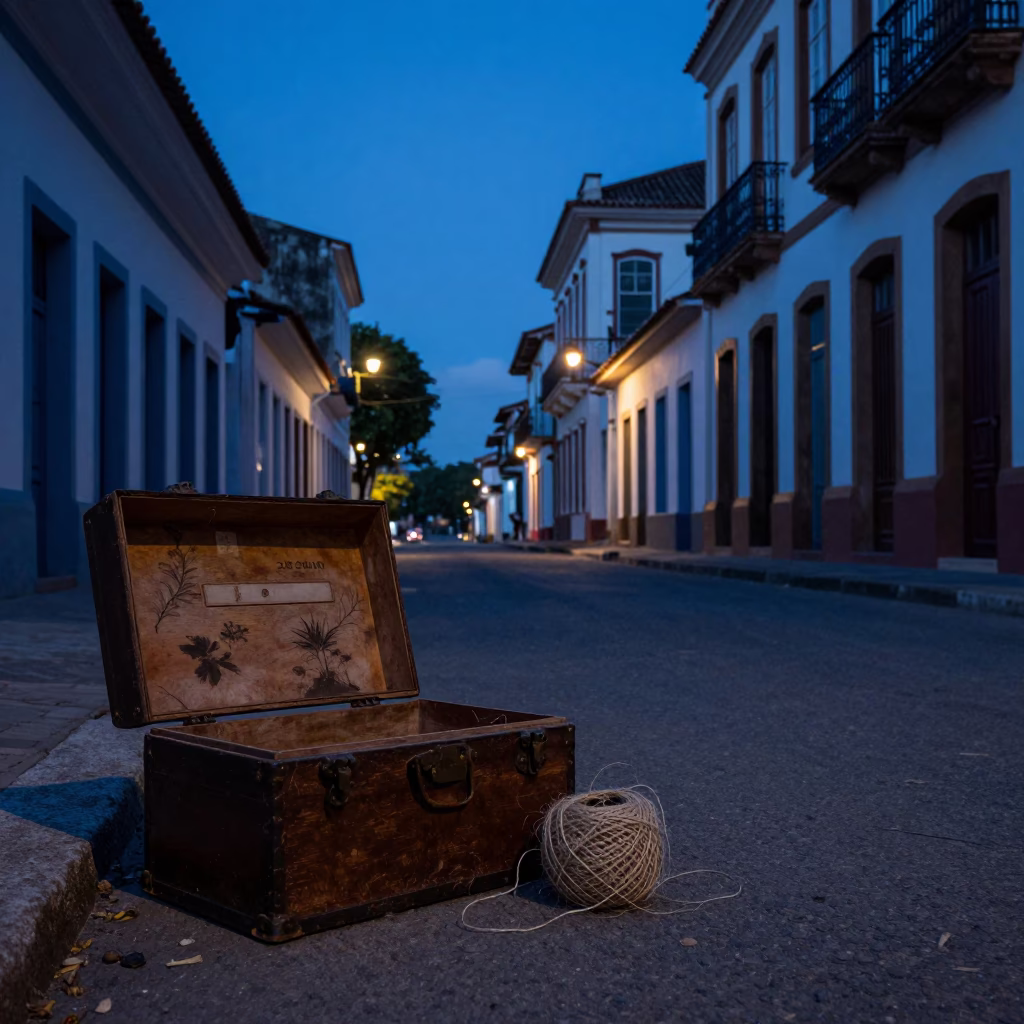 Pre-dawn Salvador Brazil Street Scene with Hatbox and Twine Fibers in in Salvador, Brazil