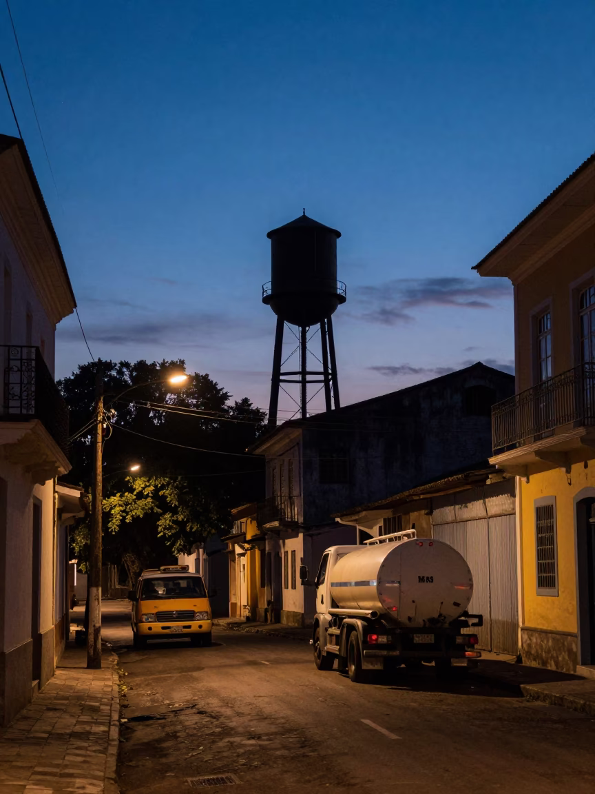 Pre-dawn Salvador Brazil street scene with water tower and tanker ship in in Salvador, Brazil