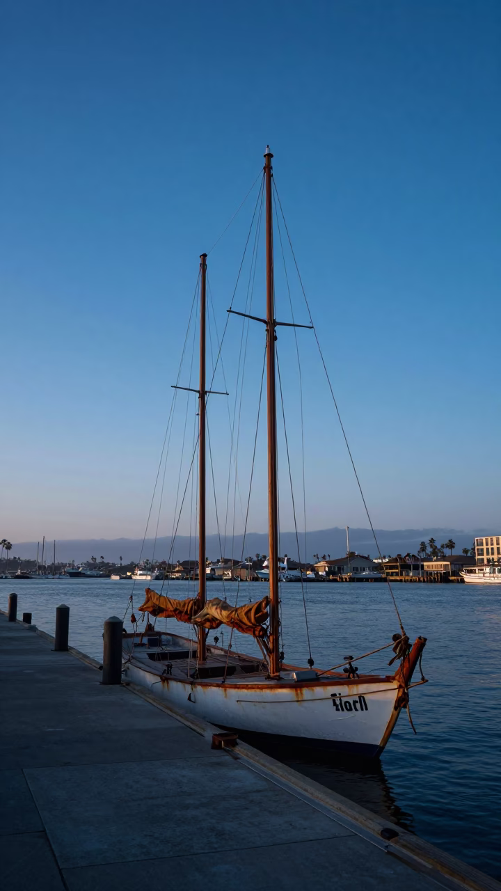 Pre-dawn San Diego Harbor Scene with Rusty Sails and Coastal Fog in in San Diego, California, United States