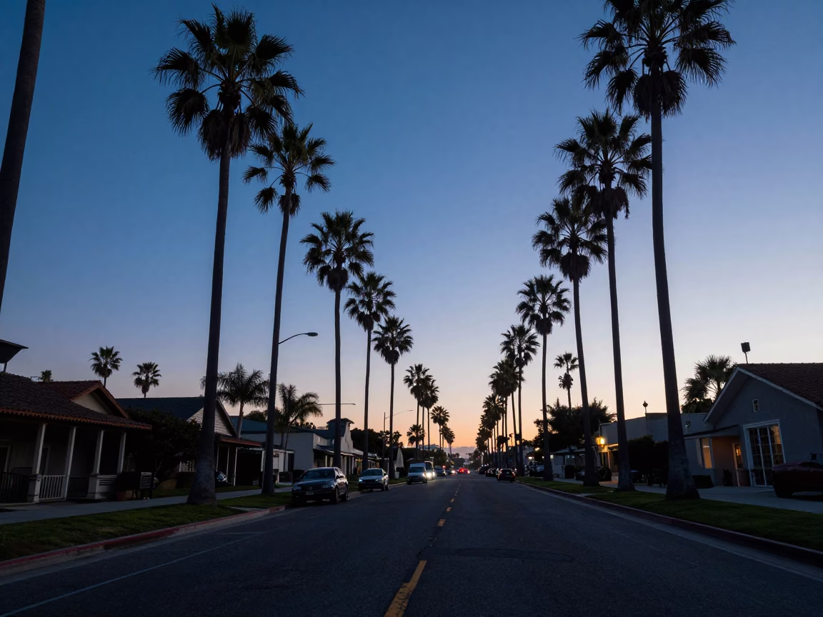 Pre-dawn San Diego Palm Tree Avenue and Vintage Majolica Plate in in San Diego, California, United States