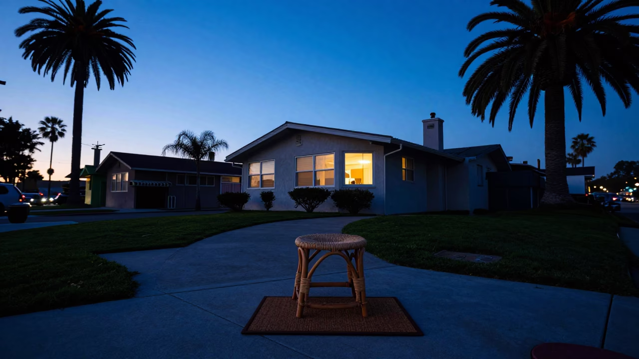 Pre-Dawn San Diego Street Scene with Doormat and Rattan Stool Outside Vintage Home in in San Diego, California, United States