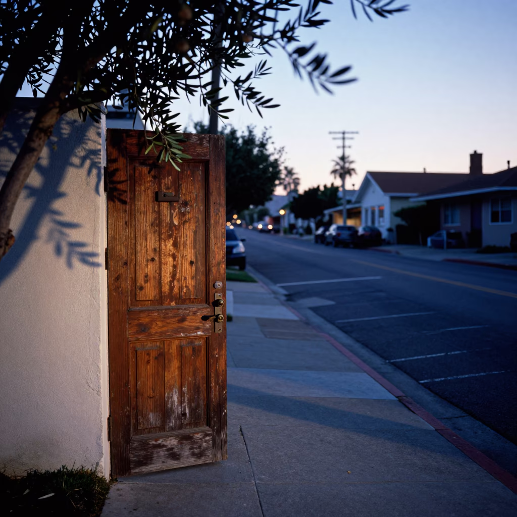Pre-dawn San Diego Street Scene with Olive Branch and Rustic Doorknob in in San Diego, California, United States
