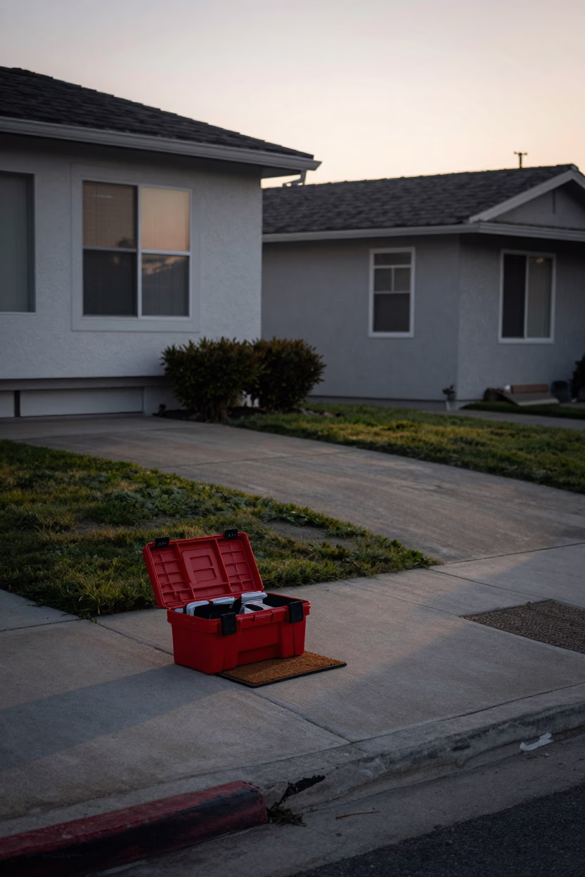 Pre-Dawn San Diego Street Scene with Toolbox and Doormat Before Sunrise in in San Diego, California, United States
