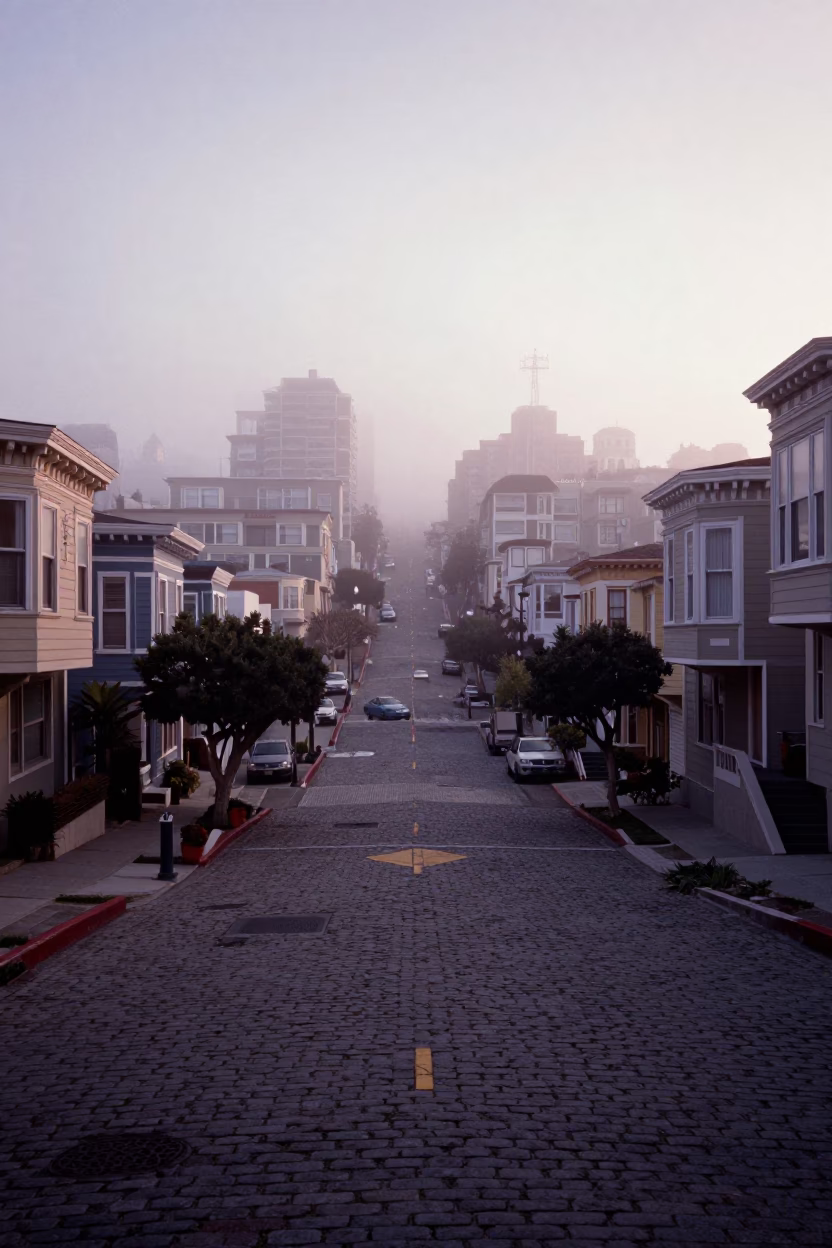 Pre-Dawn San Francisco Fog Rolling Over Residential Staircases and Cobblestone Streets in in San Francisco, California, United States
