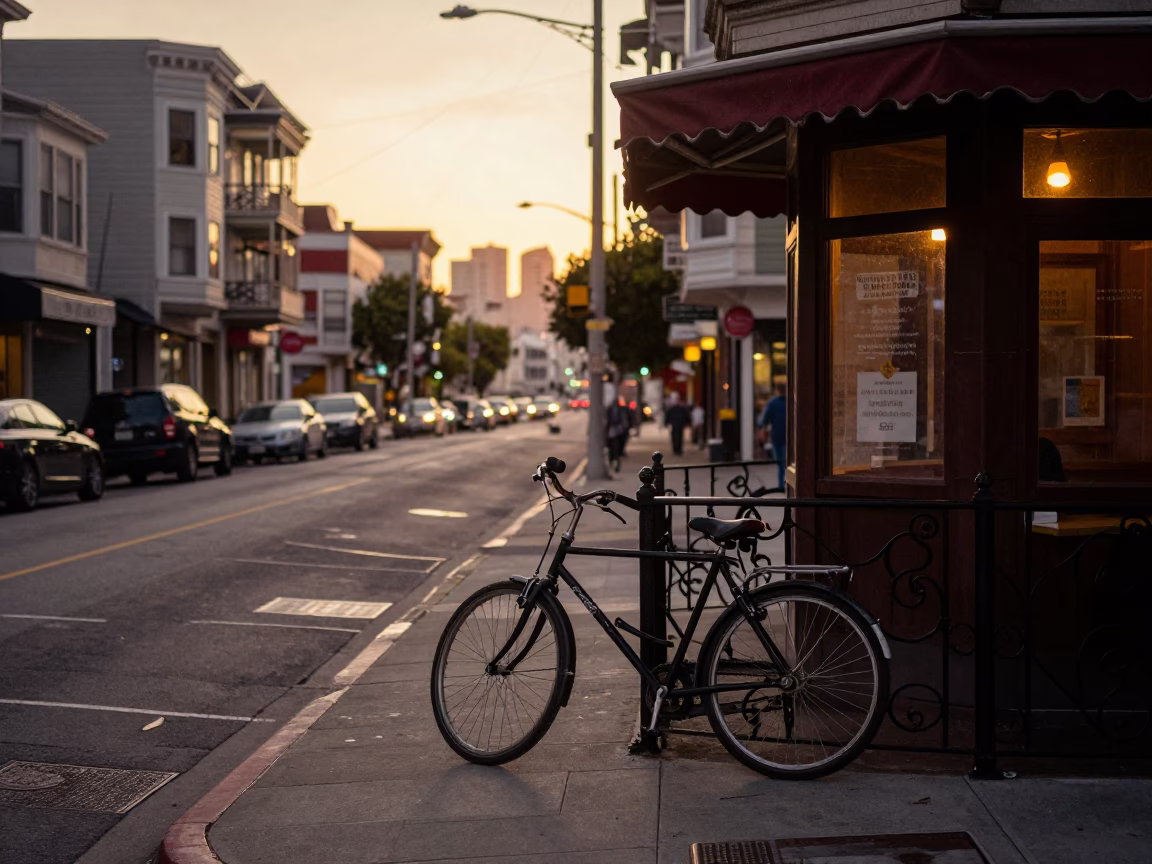 Pre-dawn San Francisco Street Scene with Bicycle and Urban Details in in San Francisco, California, United States