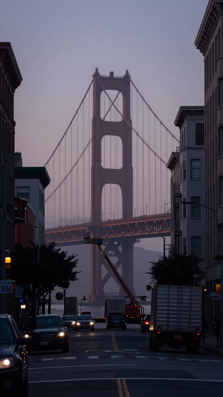 Pre-Dawn San Francisco Street Scene with Bridge Maintenance and Cargo Ship in in San Francisco, California, United States