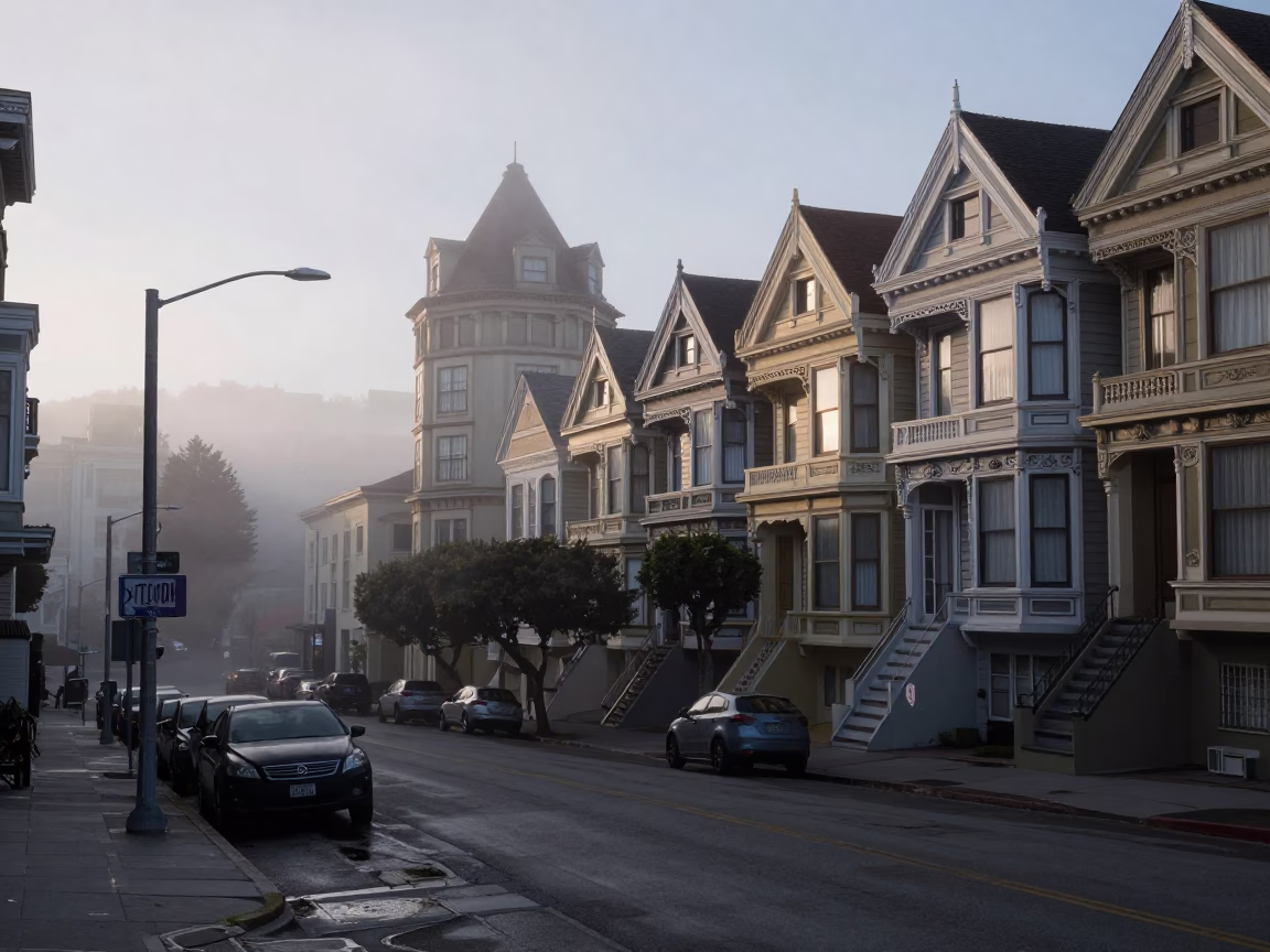 Pre-dawn San Francisco Street Scene with Steam and Wet Pavement in in San Francisco, California, United States