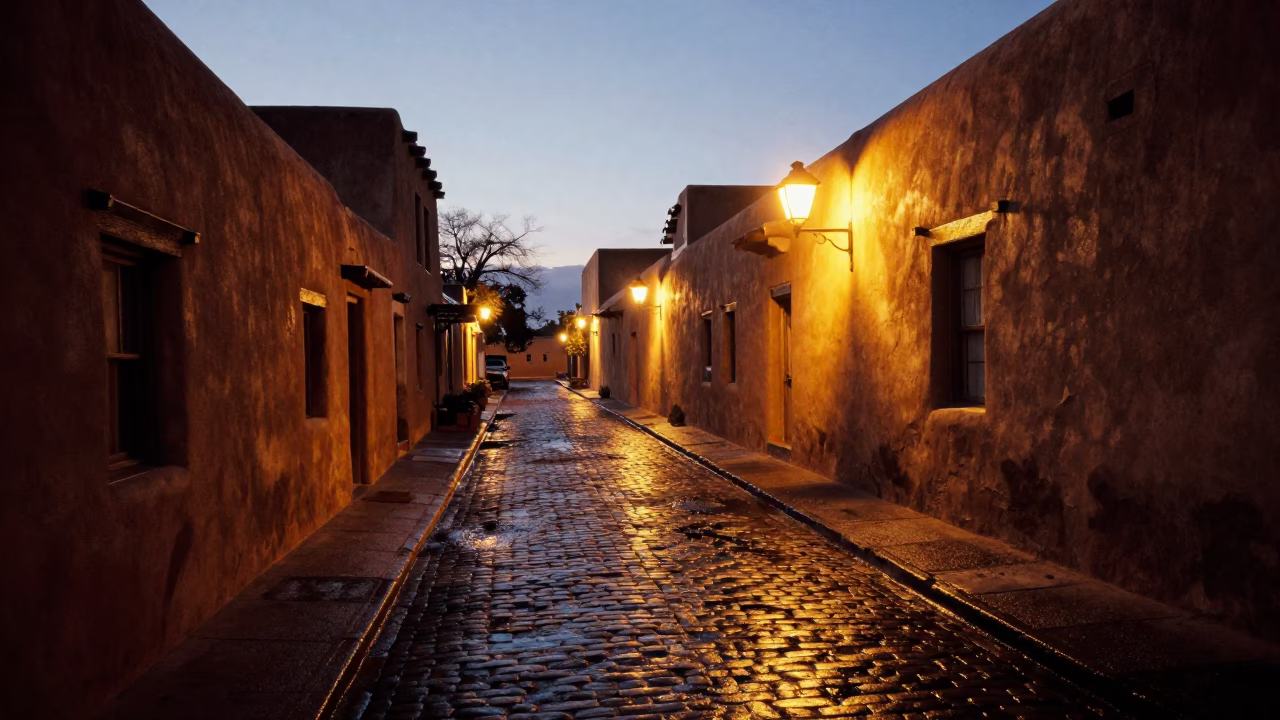Pre-dawn Santa Fe Adobe Alley with Lantern Light and Wet Tile Grout in in Santa Fe, New Mexico, United States
