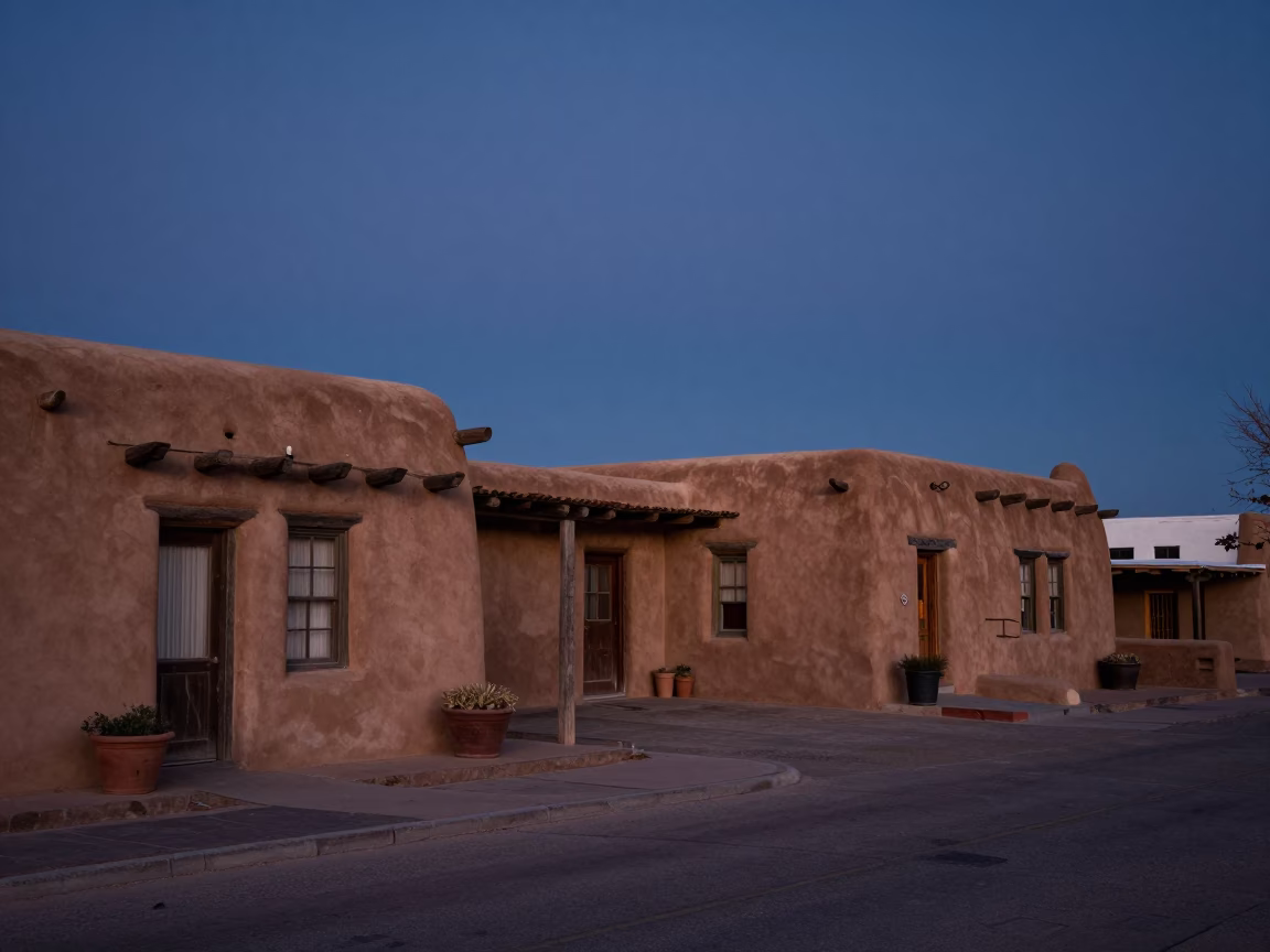 Pre-dawn Santa Fe adobe architecture and quiet street scene before sunrise in in Santa Fe, New Mexico, United States