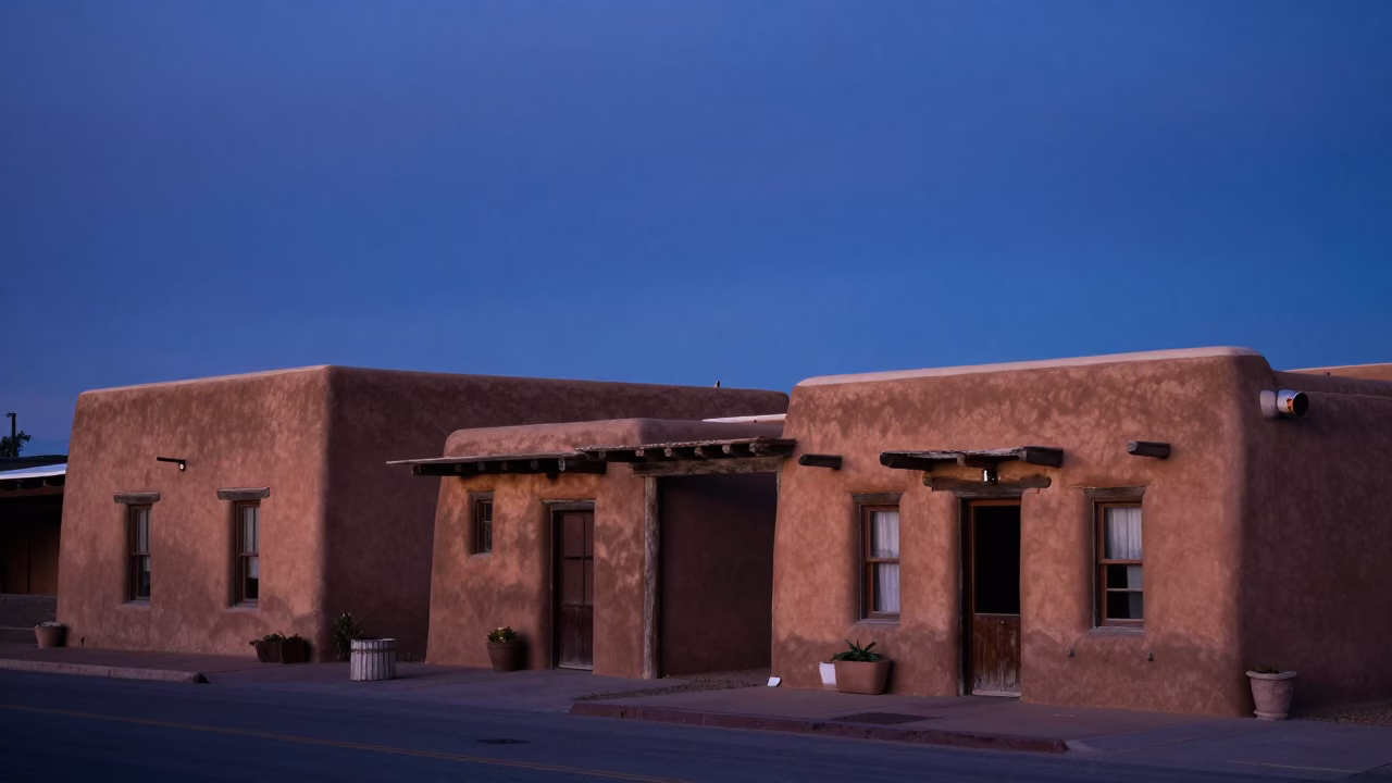 Pre-dawn Santa Fe adobe architecture and quiet street scene in in Santa Fe, New Mexico, United States