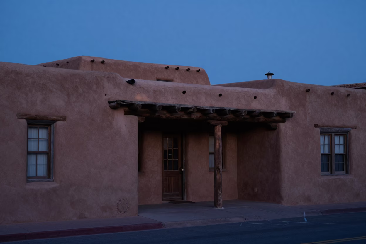 Pre-Dawn Santa Fe Adobe Architecture and Street Scene with Morning Light in in Santa Fe, New Mexico, United States