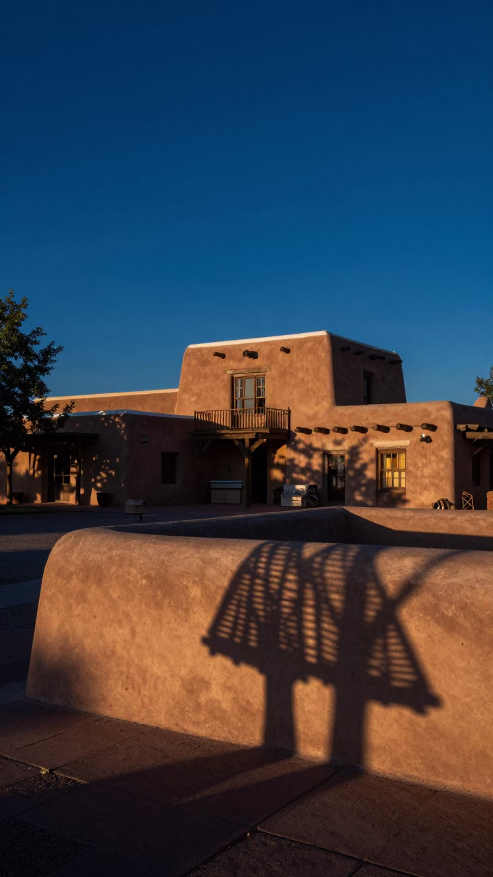 Pre-Dawn Santa Fe Adobe Plaza with Wicker Shadow on Plaster Wall in in Santa Fe, New Mexico, United States