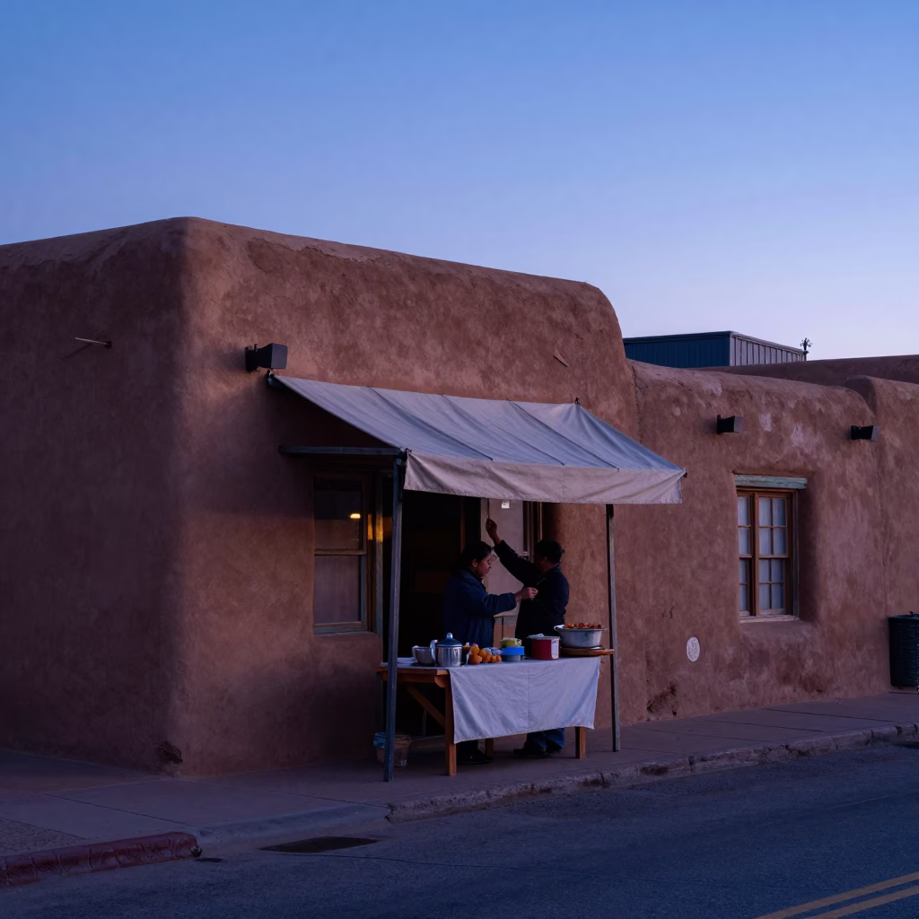 Pre-dawn Santa Fe Adobe Street with Morning Light and Local Market Details in in Santa Fe, New Mexico, United States